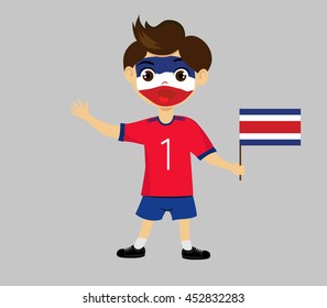 Fan of Costa Rica national football team, sports. Boy with flag in the colors of the national command with sports paraphernalia.