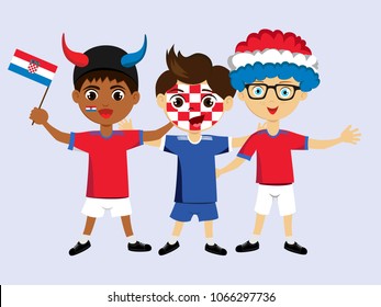 Fan of Croatia national football, hockey, basketball team, sports. Boy with Croatia flag in the colors of the national command with sports paraphernalia. Boy with Croatia flag in the form of a sport.