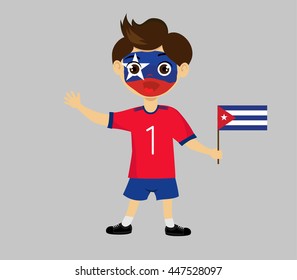Fan of Cuba national football team, sports. Boy with flag in the colors of the national command with sports paraphernalia.