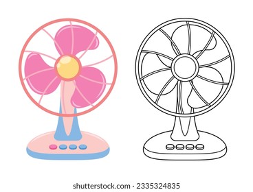 Fan cute vector illustration cartoon isolated on white background. Electric fan vector colored and colorless. Cute coloring page for kids. 