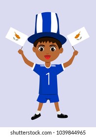 Fan of Cyprus national football, hockey, basketball team, sports. Boy with Cyprus flag in the colors of the national command with sports paraphernalia. Boy with Cyprus flag in the form of a sport.