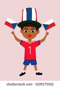 Fan of Czech Republic national football, hockey, basketball team, sports. Boy with Czech Republic flag in the colors of the national command with sports paraphernalia. Boy with Czech Republic flag.