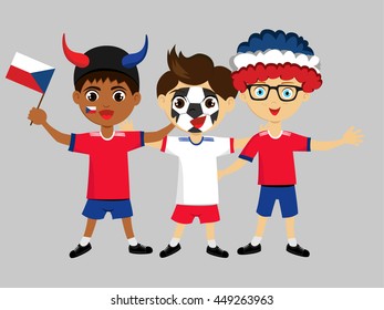 Fan of Czech Republic national football team, sports. Boy with flag in the colors of the national command with sports paraphernalia.