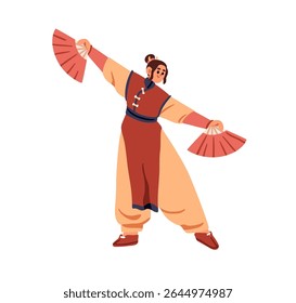 Fã dança, tradicional artista chinês. Mulher asiática dançarina em traje cultural popular, performance durante celebração festiva, ritual oriental. Ilustração de vetor plano isolada no plano de fundo branco
