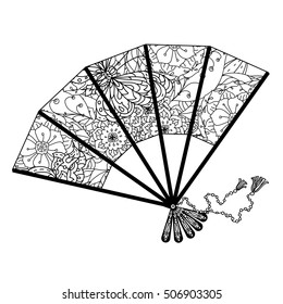 fan decorated by contoured butterflies and asian style flowers. zen style picture for anti stress drawing or colouring book. Hand-drawn, retro, doodle, vector, for coloring book, poster or card design
