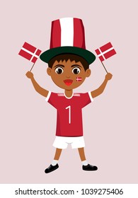 Fan of Denmark national football, hockey, basketball team, sports. Boy with Denmark flag in the colors of the national command with sports paraphernalia. Boy with Denmark flag in the form of a sport.
