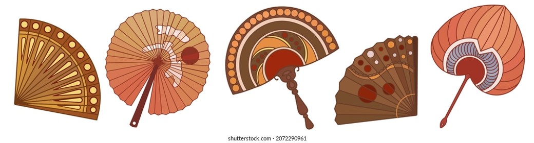 A fan of different shapes is an oriental accessory for a geisha. Isolated items on a white background. Vector
