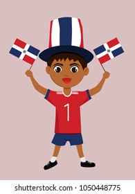 Fan of dominican republic national football, hockey, basketball team, sports. Boy with dominican flag in the colors of the national command with sports paraphernalia. Boy with dominican flag.
