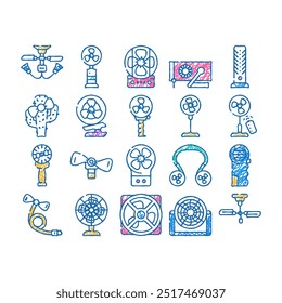 fan electronic cooling device doodle icons set vector. sketch line art ceiling and floor fan, children ventilator in cactus shape and connected mobile phone. gadget remote control color illustrations