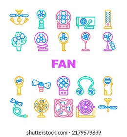 Fan Electronic Cooling Device Icons Set Vector. Ceiling And Floor Fan, Children Ventilator In Cactus Shape And Connected To Mobile Phone. Gadget With Remote Control And Manual Color Illustrations