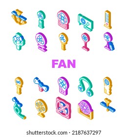 Fan Electronic Cooling Device Icons Set Vector. Ceiling And Floor Fan, Children Ventilator In Cactus Shape And Connected To Mobile Phone. Gadget With Remote Control And Manual Color Illustrations