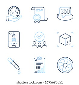 Fan Engine, 360 Grad und Checklist Line Icons Set. Diploma-Zertifikat, retten Planet, Gruppe von Menschen. Chemie-Pipette, Augmented Reality und Crane-Crane-Krane-Maschinenschilder. Vektorillustration
