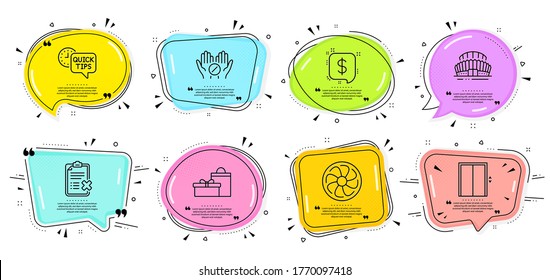 Fan engine, Gifts and Lift signs. Speech bubbles with quotes. Quick tips, Payment message and Sports stadium line icons set. Reject checklist, Medical tablet symbols. Helpful tricks, Finance. Vector