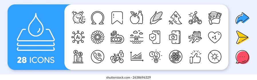 Fan engine, Graph and Select flight line icons. Interest rate, AI generate, Inflation icons. Pack of Cyclist, Bicycle lockers, Phone photo icon. Vector