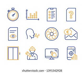 Fan engine, Lift and Timer icons simple set. Breathing exercise, Euro money and Touch screen signs. Repairman, Dot plot and View document symbols. Checklist, Unknown file and Seo phone. Vector