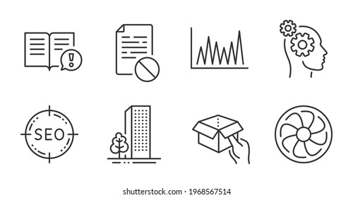 Fan engine, Line graph and Hold box line icons set. Thoughts, Facts and Wrong file signs. Buildings, Seo symbols. Ventilator, Market diagram, Delivery parcel. Business set. Quality line icons. Vector