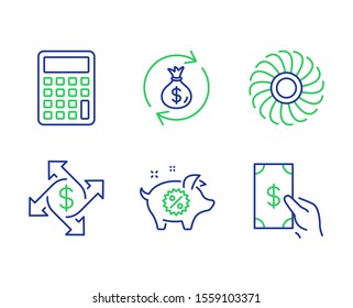 Fan engine, Money exchange and Calculator line icons set. Payment exchange, Piggy sale and Receive money signs. Ventilator, Cash in bag, Accounting device. Discounts. Finance set. Vector