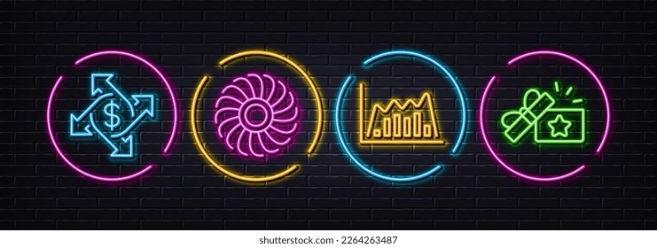 Lüftermotor, Zahlungsaustausch und Infografik-Grafik minimale Linien-Symbole. Neon Laser 3D-Lichter. Symbole für Loyalitätsgeschenke. Für Web, Anwendung, Druck. Ventilator, Geldtransfer, Liniendiagramm. Vektorgrafik