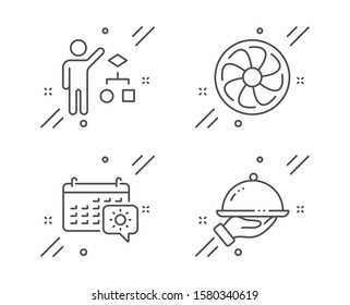 Fan engine, Travel calendar and Algorithm line icons set. Restaurant food sign. Ventilator, Trip planning, Developers job. Room service. Business set. Line fan engine outline icon. Vector