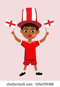 Fan of England national football, hockey, basketball team, sports. Boy with England flag in the colors of the national command with sports paraphernalia. Boy with England flag in the form of a sport.