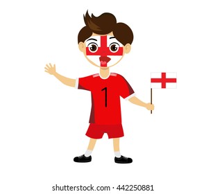 Fan of England national football team, sports. Boy with flag in the colors of the national command with sports paraphernalia. 