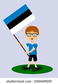 Fan of Estonia national football, hockey, basketball team, sports. Boy with Estonia flag in the colors of the national command with sports paraphernalia. Boy with Estonia flag in the form of a sport.
