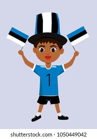 Fan of Estonia national football, hockey, basketball team, sports. Boy with Estonia flag in the colors of the national command with sports paraphernalia. Boy with Estonia flag in the form of a sport.