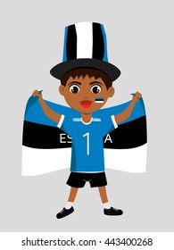 Fan of  Estonia national football team, sports. Boy with flag in the colors of the national command with sports paraphernalia.