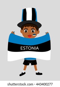 Fan of  Estonia national football team, sports. Boy with flag in the colors of the national command with sports paraphernalia.