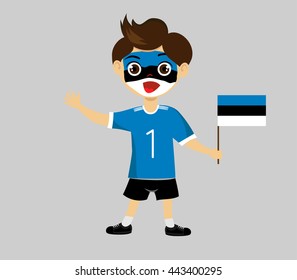 Fan of  Estonia national football team, sports. Boy with flag in the colors of the national command with sports paraphernalia.