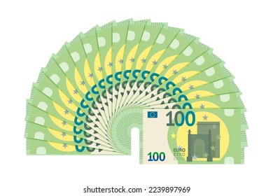 Fan of Euro cash money vector illustration. Cartoon isolated paper stack of European banknotes of 100 Euros, one hundred currency bills from bank or purse in Europe, symbol of financial wealth