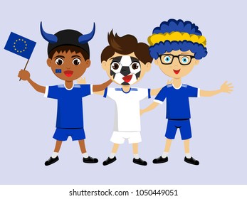 Fan of European Union national football, hockey, basketball team, sports. Boy with European Union flag in the colors of the national command with sports paraphernalia. Boy with European Union flag