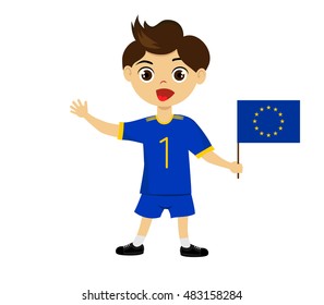 Fan of  European Union national football team, sports. Boy with flag in the colors of the state command with sports paraphernalia.