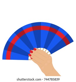 Fan in a female hand, waving a fan. Flat design, vector illustration, vector.