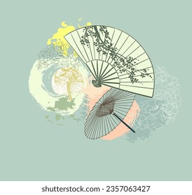 fan festive textured  japanese chinese traditional vector illustration card background colorful watercolor ink textured