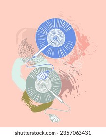 fan festive textured  japanese chinese traditional vector illustration card background colorful watercolor ink textured