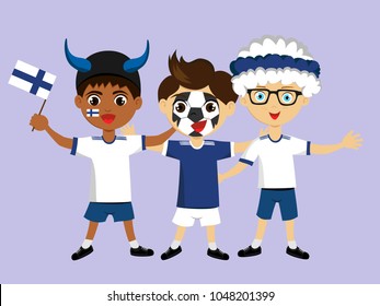 Fan of Finland national football, hockey, basketball team, sports. Boy with Finland flag in the colors of the national command with sports paraphernalia. Boy with Finland flag in the form of a sport.