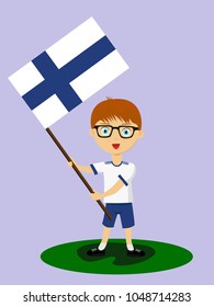 Fan of Finland national football, hockey, basketball team, sports. Boy with Finland flag in the colors of the national command with sports paraphernalia. Boy with Finland flag in the form of a sport.