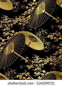 fan flower unbrella vector japanese chinese seamless pattern design gold black