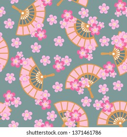 Fan and flowering plum, sakura. Background design. Seamless patterns  in flat style. Korean, Chinese, Japanese traditional items.