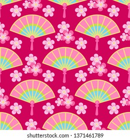 Fan and flowering plum, sakura. Background design. Seamless patterns  in flat style. Korean, Chinese, Japanese traditional items.