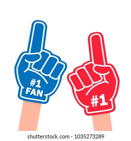 Fan foam finger. Blue and red sports item for hand to show a support for a team on championship game. Vector flat style cartoon illustration isolated on white background