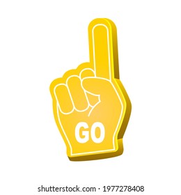 Fan foam finger. Hands up with glove with inscription go yellow color vector illustration in a cartoon flat style isolated on white background.