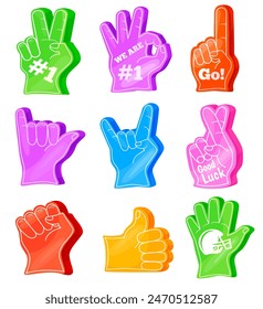 Fan foam fingers. Fans gloved hands first two finger gestures, number one thumbs-up 1 ok go sign team spirit football baseball sport match stadium support, neat vector illustration of fan finger glove