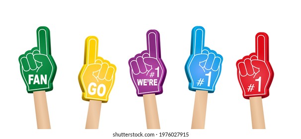 Fan foam fingers with hands set. Hands up with glove with number one red, green, yellow, violet and blue color vector illustration in a cartoon flat style isolated on white background.