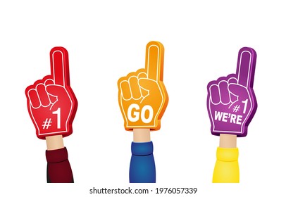 Fan foam fingers with hands set. Hands up with glove with number one, go red, orange and violet color vector illustration in a cartoon flat style isolated on white background.