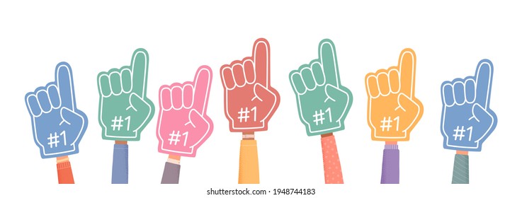 Fan foam fingers. Number 1. Hands up with glove, stadium supporter pride accessory. First place in competition. Vector illustration