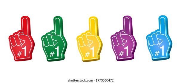 Fan foam fingers set. Hands up with glove with number one red, green, yellow,violet and blue color vector illustration in a cartoon flat style isolated on white background.