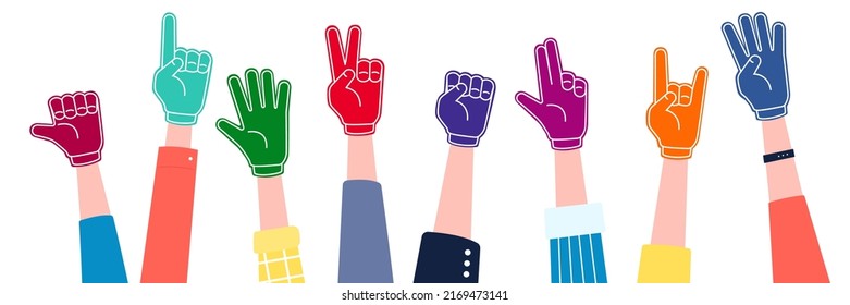 Fan foam hands. Sport fan finger attribute, cheer support football team accessories. Athlete or basketball cheering on stadium, forefinger up recent vector banner