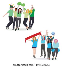 Fan football soccer, crowd people with sport scarf hat on color team, spectator with flag, opposite sport fans with flags and paraphernalia. Vector illustration